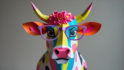 Colorful paper cow with glasses and flowers &mdash; AI generated