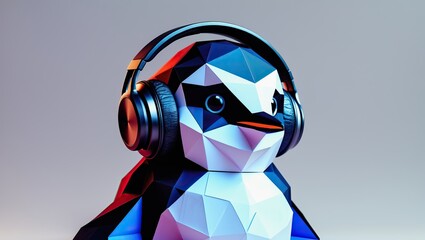 Low-poly penguin wearing headphones &mdash; AI generated
