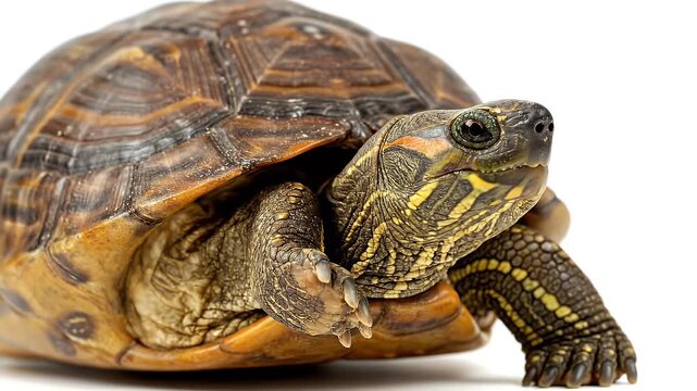 Closeup of a Box Turtle on a White Background.