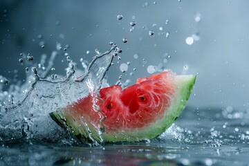 Fresh watermelon slice falling into water, creating dynamic splashes, perfect for summer campaigns