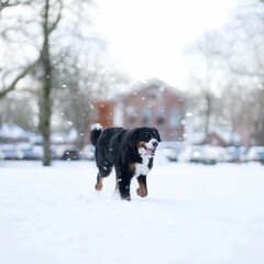 Bernese mountain dog running in snow during winter walking in snow during winter