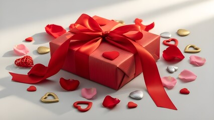 Red Gift Box with Ribbon Bow and Scattered Rose Petals for Valentine's Day
