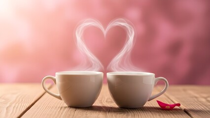 Two Coffee Mugs on a Wood Table with Heart-Shaped Steam, Valentine's Day
