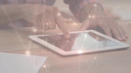 Animation of network of connections over men using tablet - Powered by Adobe