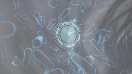 Animation of bacteria cells and clock moving over liquid background - Powered by Adobe