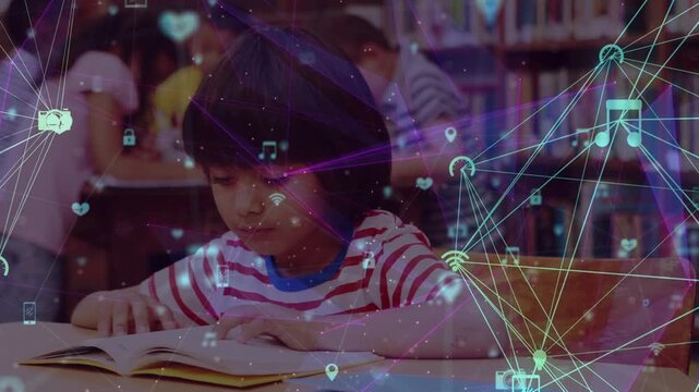 Animation of network of connections over diverse schoolchildren in library