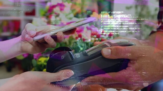 Animation of data processing over hands of caucasian woman and man using payment terminal