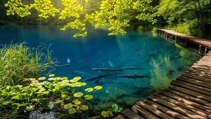 A serene lake surrounded by lush greenery and a wooden dock
