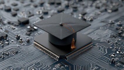 Graduation cap sits atop a central processing unit on a digital circuit board