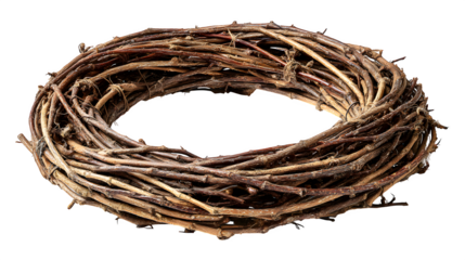 A bird nest isolated on white is intricately twisted with colorful copper wire, red cord, and rubber string equipment to create a unique coiled metal texture