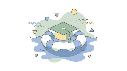 Graduation Cap Floating on a Lifebuoy in Water Symbolizing Educational Support and Safety.