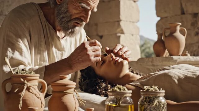 Attentive senior healer applying traditional medicine to young woman in ancient clinic. Concept of natural health and therapy