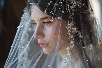 Beautiful bride wearing an elegant veil and crystal tiara, capturing the anticipation and excitement of her wedding day