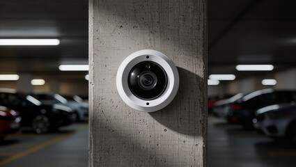 Surveillance camera in underground office parking, mounted on concrete pillar, monitoring parked cars, highlighting security, CCTV monitoring, and parking safety