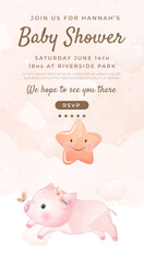 Watercolor baby shower cute animal pig piggy baby girl boy poster template card invitation