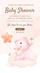 Watercolor baby shower cute animal pig piggy baby girl boy poster template card invitation