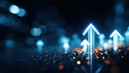 Abstract blue upward arrows rising from glowing particles on a dark background