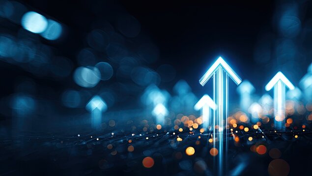Abstract blue upward arrows rising from glowing particles on a dark background - Powered by Adobe