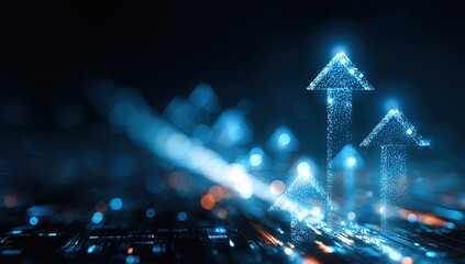 Abstract dark background with glowing blue digital arrows pointing up, symbolizing growth