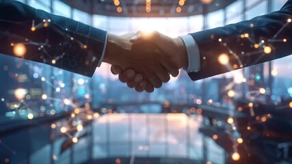 Business handshake with network overlay in modern office. - Powered by Adobe