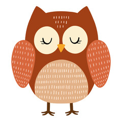 Cute brown owl vector illustration, hand drawn bird character with closed eyes. Scandinavian style