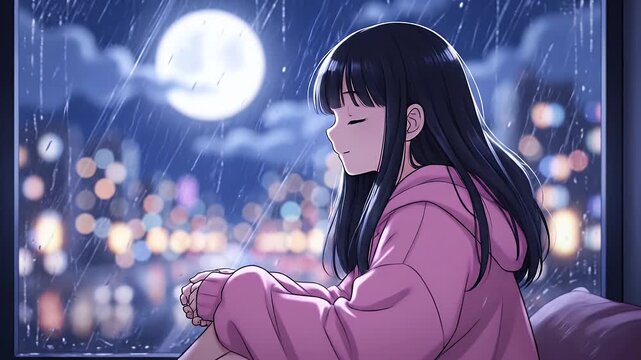 Anime girl contemplating city lights and full moon on a rainy night.