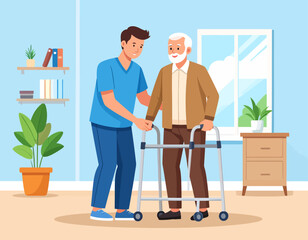 A kind young caregiver helps an elderly man use a walker. The scene portrays compassionate support for seniors, assisted living, nursing home care, and the importance of helping the elderly.