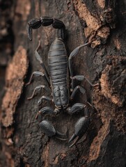 Stunning Close-Up of a Black Scorpion on Rough Bark Surface