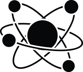 A stylized minimalist grey atom icon representing science, physics, and modern technology concepts.