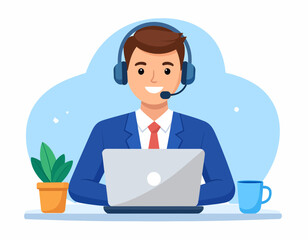 Smiling male customer service representative wearing a headset and working on a laptop at his desk with a plant and mug.