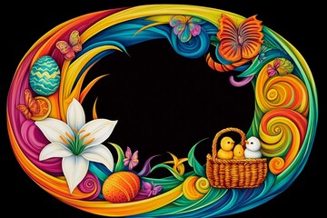 Colorful Easter postcard featuring flowers and festive decorations