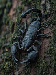 Stunning Macro Shot of a Black Scorpion Clinging to Tree Bark with Intricate Details