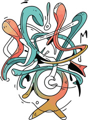 Abstract doodle illustration with colorful intertwined shapes on a light background