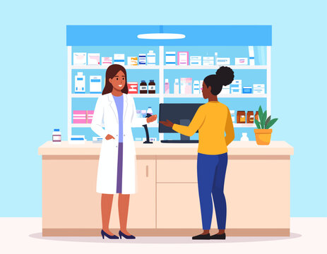 Female pharmacist assisting a customer at a pharmacy counter with shelves full of medicine in the background.