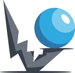 Modern stylized illustration of a blue sphere balancing on a sharp grey lightning bolt icon