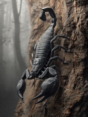Majestic Black Scorpion Climbing a Tree Trunk in a Mysterious Forest Setting