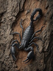 Intricate Black Scorpion Art on Tree Bark: Nature's Unique Marvel