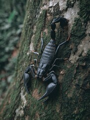 Majestic Black Scorpion Climbing a Mossy Tree Trunk in Nature's Realm