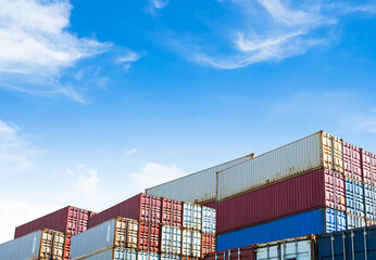 Fototapeta premium Cargo ship container goods export import international transport on blue sky background, warehouse industry business logistics transportation harbor port industrial shipping terminal cargo ship.