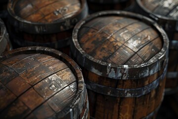 Fototapeta premium Close up of vintage wooden barrels used for aging liquor