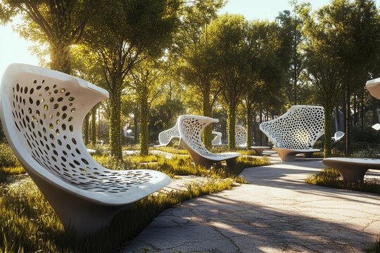 Urban park blends benches with trees for a peaceful escape