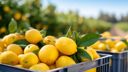 Freshly harvested yellow lemons in metal crates on a sunny citrus farm, with green trees blurred in the background.
