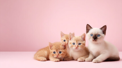 Four adorable kittens, three red and one Siamese, lie side by side on a pink background and look curious and playful.