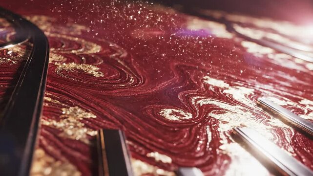 Abstract swirling red and gold texture with decorative elements