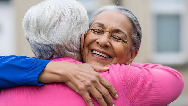 Two elderly women sharing a warm and joyful embrace outdoors.