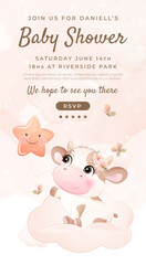 Watercolor baby shower cute animal cow baby girl boy poster template card invitation