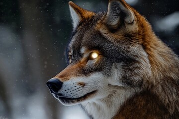 Obraz premium Wolf with radiant eyes reflects the power of the moon in a mystical forest setting under twilight sky