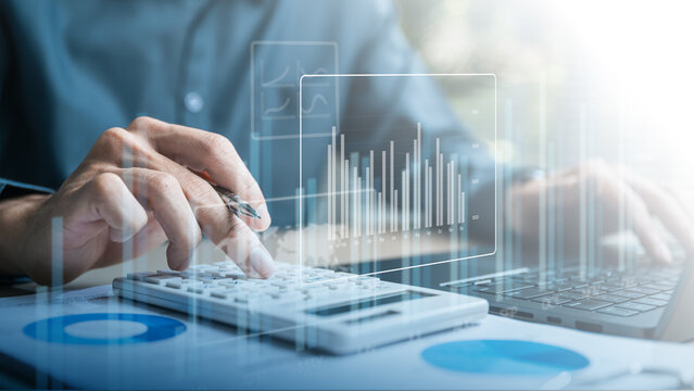 analysis, financial, accounting, finance, account, A professional analyzing financial data using a calculator and laptop with digital charts, representing accounting processes and business analytics. - Powered by Adobe
