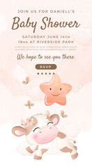 Watercolor baby shower cute animal cow baby girl boy poster template card invitation
