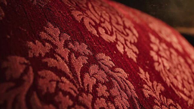 Close up of a decorative pattern on red fabric with floral design